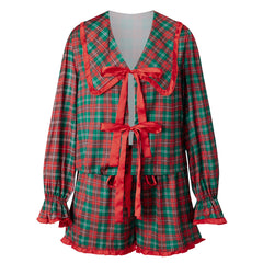 Christmas Peter Pan Collar Front Tie Long Sleeve Top And Shorts Striped Plaid Pajama Set