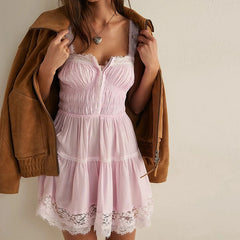 Lace Trim Smocked Tunic Mini Dress