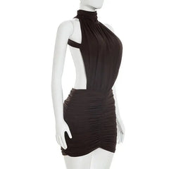 Bodycon Ruched Open-Back High-Neck Mini Dress