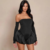 Off-Shoulder Satin Balloon Hem Romper
