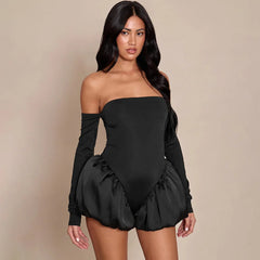 Off-Shoulder Satin Balloon Hem Romper