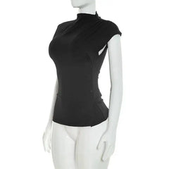 Solid Waist-Cinching Button Mock Neck Top