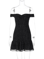 Black Off Shoulder Neck Polka Dot Mini Dress