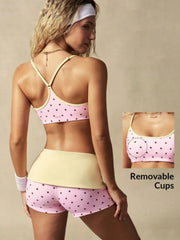 Pink Polka Dot Sports Bra And Biker Shorts Set