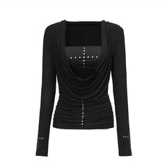 Black Long Sleeve Cut Out Drape Halter Top - Y2K Skinny Fit