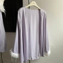 Feather Fur Trim Cami Nightdress And Bathrobe Gown Sleepwear Set
