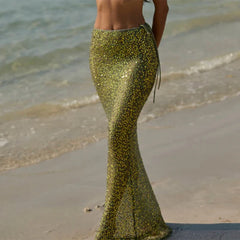 Green Sequin Long Sleeve Top And Maxi Skirt Set