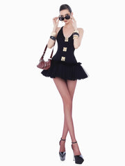 Sleeveless Metal Buckle Mesh Folds Mini Dress