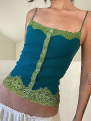 Blue Button Up Lace Trim Spaghetti Strap Crop Top