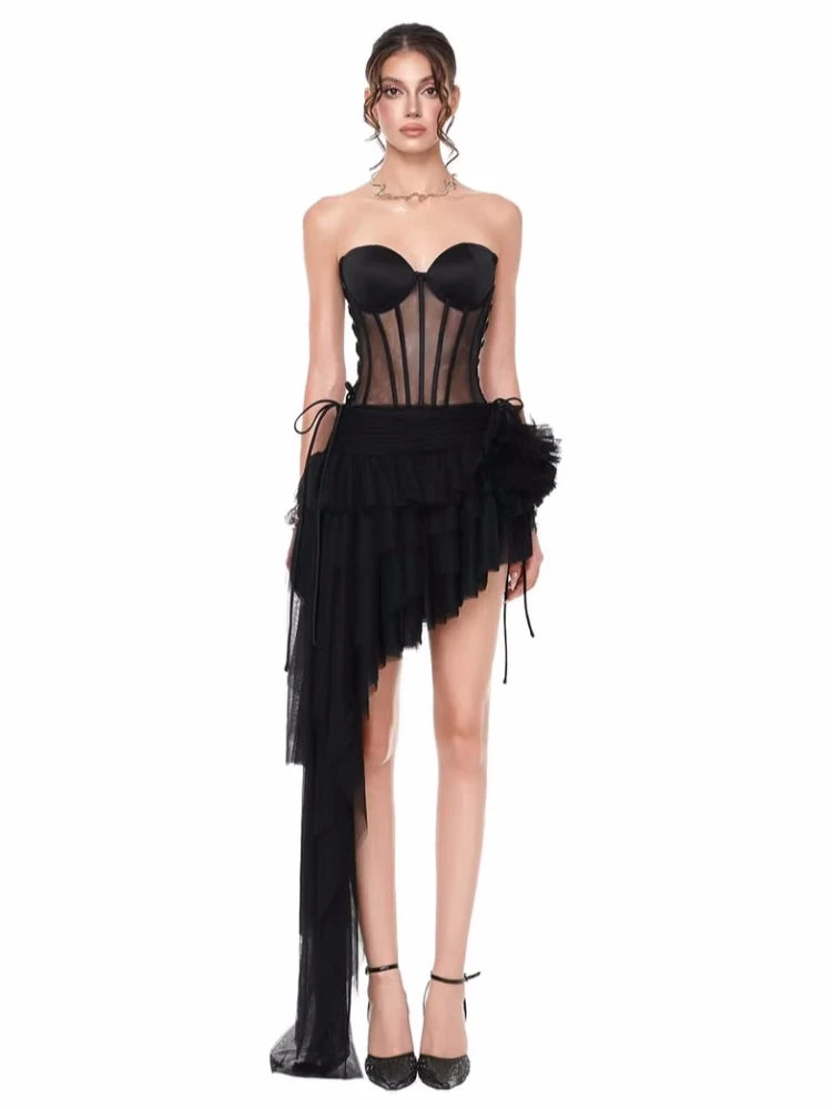 Black strapless dress with sheer panels