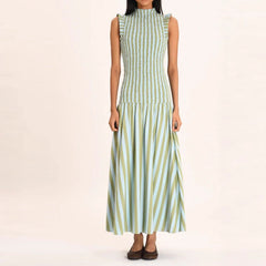 Stripe Smocked High Collar Midi Dress