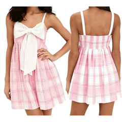 Pink Plaid 3D Bow Appliques Mini Cami Dress