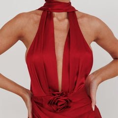 Satin Long Halter 3D Flower Split Long Dress