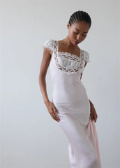 Lace Trim Short Sleeve Satin Maxi Dress