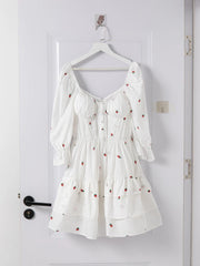 White Strawberry Print Puff Sleeve Frill Mini Dress