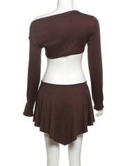 Brown One Long Shoulder Cut Out Mini Dress