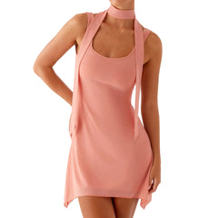 Peach Solid Strap Mini Dress with Scarf