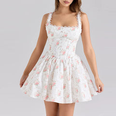 Women's white floral print back tie flare mini dress with turn-down collar and full sleeves.