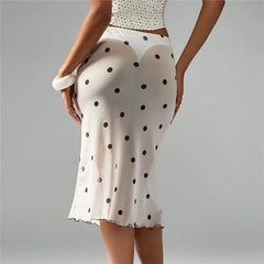 Sheer Mesh Polka Dot Low Rise Midi Skirt