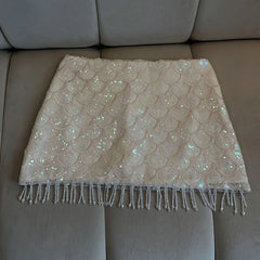 Sequin Shell Fringe High Waist Mini Skirt