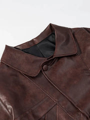 Brown Pu Leather Lapel Button Spliced Pocket Jacket