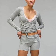 Grey Wrap Tie Long Sleeve Crop Top And High Waist Shorts Set