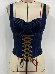 Denim Lace Up Fishbone Corset