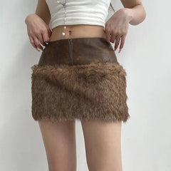 Brown Faux Fur Crop Coat With Patchwork Mini Skirt