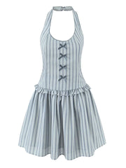 Grey Striped Halter Neck Patchwork Bow Mini Dress