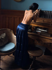 Blue Velvet Ruffles Backless Long Dress