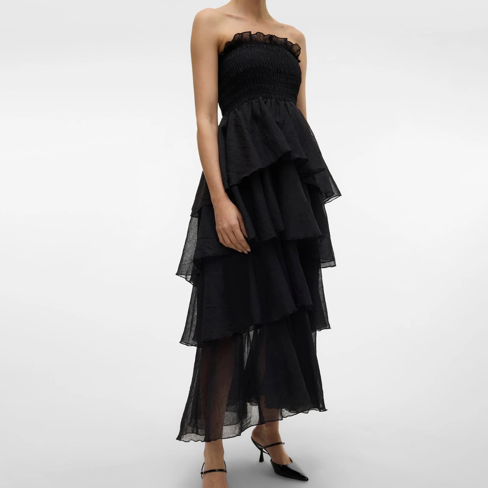 Black strapless dress with ruffled layers