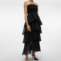 Black strapless dress with ruffled layers
