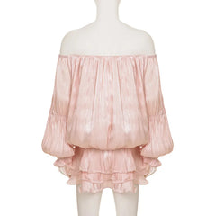 Satin Off Shoulder Lantern Sleeve Ruffled Mini Dress