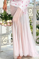 One Shoulder Floral Print Ruched Mesh Hem Maxi Dress