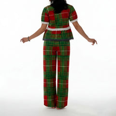Plaid Short Sleeve Square Neck Top with Elastic Waist Wide Leg Pants Set