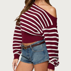 Red Off Shoulder Long Sleeve Stripes Pullovers Top