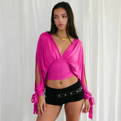V-Neck Slit Tied-up Long Sleeve Waist Cinched Top