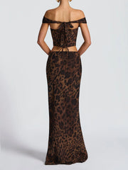 Leopard Print Off Shoulder Crop Top And Maxi Skirt Set