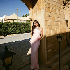 Pink Halter 3D Flower Ruffle Maxi Dress