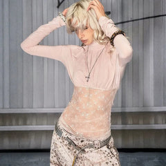 Long Sleeve Lace Patchwork High Neck Top