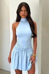 Halter Sleeveless Twist Ruched Waist Mini Dress