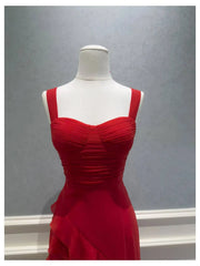 Red Ruffled Sweetheart Neck Strappy Irregular Hem Midi Dress
