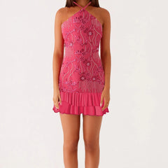 Sequin Beaded Halter Strap Mini Dress