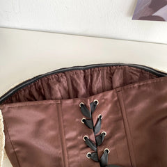 Brown Lace Tie Up Strapless Lace Detail Corset