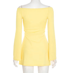 Yellow V Neck Off-shoulder Long Sleeve Mini Dress