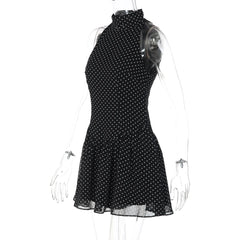 Black Polka Dot Chiffon Print High Neck Mini Dress