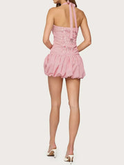 Stripe Halter Smocked Puff Hem Mini Dress