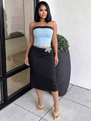Colour Blocking Tube Top With Metal Ring Midi Skirt Set