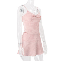Pink Satin Jacquard Corset Top & Ruffled Mini Skirt Two‑Piece Set