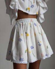 White Printed Ruffle Long Sleeve Shirt And Shorts Set